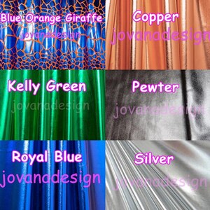May include: A collage of fabric swatches in various colors, including black, blue, copper, fuchsia, gold, green, pewter, purple, red, royal blue, silver, and turquoise. Each swatch has the text "jovanadesign" on it.