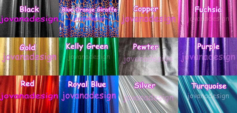 May include: A collage of fabric swatches in various colors, including black, blue, copper, fuchsia, gold, green, pewter, purple, red, royal blue, silver, and turquoise. Each swatch has the text "jovanadesign" on it.