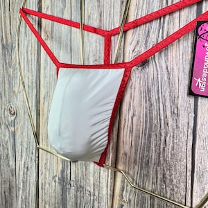 jovanadesign Mens Smallest String, Micro Mini Seamless High Stretch White/Red Underwear Swimwear Handmade in UK Handmade
