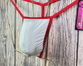 jovanadesign Mens Smallest String, Micro Mini Seamless High Stretch White/Red Underwear Swimwear Handmade in UK Handmade