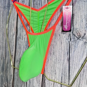 jovanadesign George Gathered Herr Thong Moderate Fit Tanga Dräkt Neon Grön Hög Stretchig Transparent Neonorange Kant Handgjord i Storbritannien