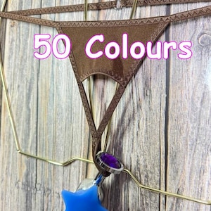 May include: A brown satin thong with a small opening in the front. The thong is hanging on a gold hanger. The text "50 Colours" is written in pink on the thong. A blue star-shaped object is attached to the thong.