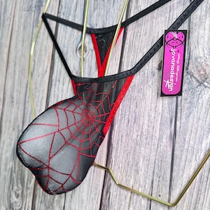 jovanadesign Big Bag Push Out Mens String Tanga Large Pouch Bulge Men Suit Black Mesh Red Holo Spiderweb  Handmade in UK