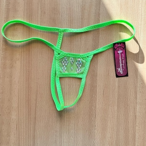 jovanadesign Open Front Herren String - Neon Grün Durchsichtig Mesh mit Diamante- S-Extreme Men Open Front Tanga String Handgefertigt in UK
