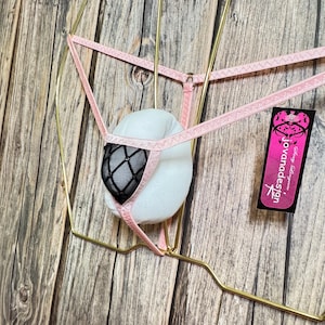 Traje de baño jovanadesign Nano de Nano String - Negro transparente con rombos brillantes/rosa bebé, 5 cm x 5 cm - Hecho a mano en el Reino Unido