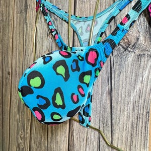 jovanadesign Hercules Push Out Mens Bulge Thong, Animal Cheetah Blue Thin, Beachwear Beach Suit Wide Straps Underwear Swimwear Handmade UK