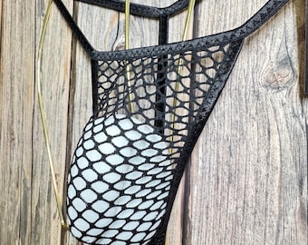 jovanadesign K1 String, Black Large Holes Soft Fishnet Sheer Mesh Seamless Men Tanga Suit Mini Mens String Underwear Swimwear Handmade in UK