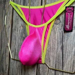jovanadesign Low Narrow Mens Bikini, Neon Pink Wet Look/ Neon Yellow Exclusive Sexy Beachwear Holiday Suit Underwear Swimwear Handmade in UK