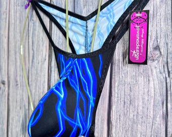 jovanadesign George Traje de tanga para hombre, ajuste moderado, color azul tormenta, ribete negro, hecho a mano en el Reino Unido