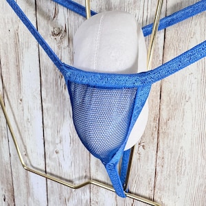 jovanadesign Nano of Nano Cueca fio dental masculina azul royal metálica em malha, modelo micro minúsculo e extremamente ousado, feita à mão no Reino Unido.