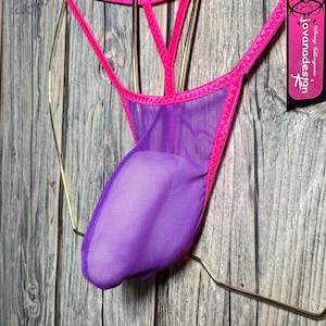 jovanadesign George String Moderate Tanga Bright Purple See Through Mesh Hot Pink Trim Open Back Underwear Handmade in UK
