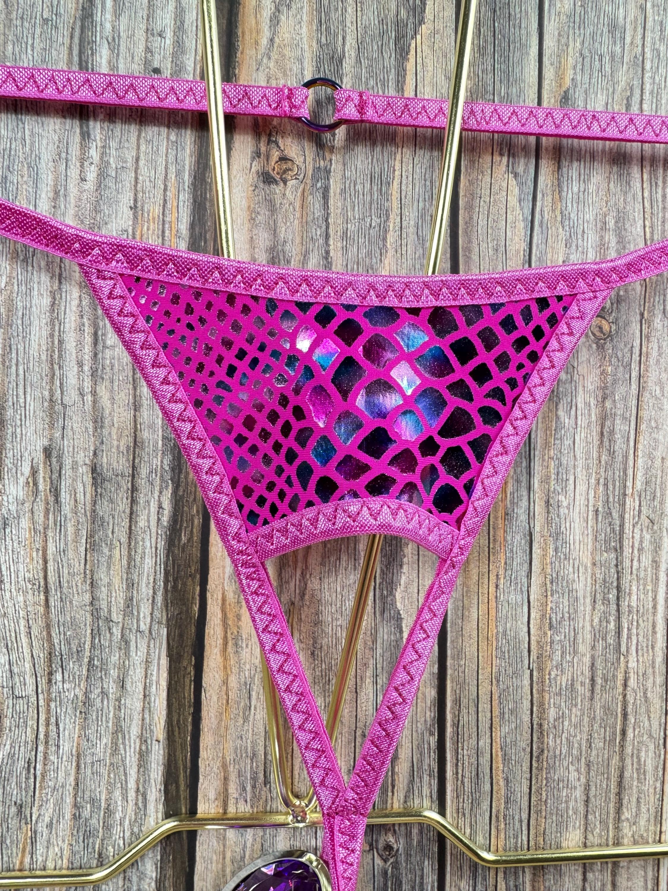 Jovanadesign Men’s Open Front Plug Back String Magenta Hologram Snake ...