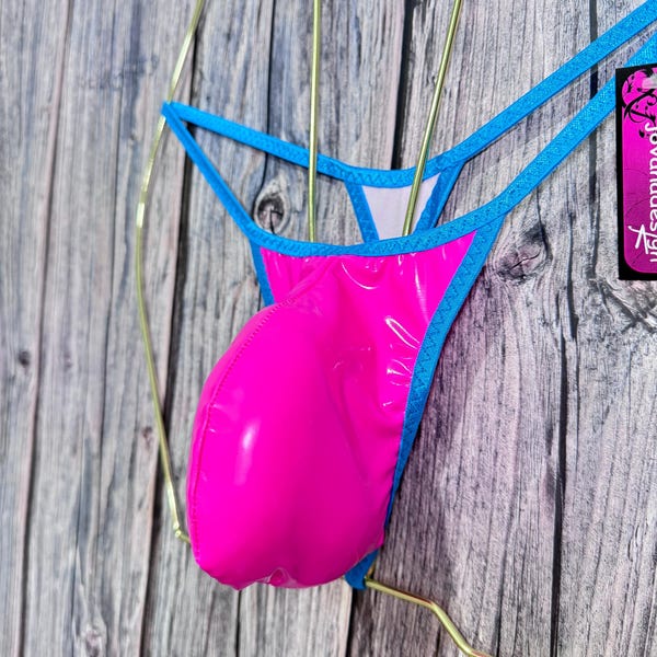 jovanadesign George String Neon Pink Vinyl PVC Turquoise Tanga Swimsuit Men's Moderate Fit Pouch Handmade in UK