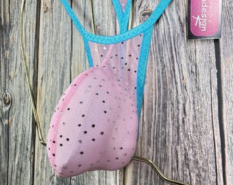 jovanadesign Sors Low Narrow Mens Mini Bulge String - Light Pink Holo Dots See Thru Mesh/Misty Turquoise Underwear Swimwear Handmade in UK