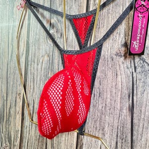 jovanadesign Sors Low Narrow Mens Mini Bulge String - Red Blaze Flames Lace/ Charcoal edging - Underwear Swimwear Handmade in UK