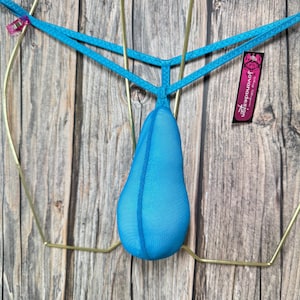 May include: A turquoise blue mesh thong with a delicate design. The thong is hanging on a gold metal hanger against a wood background. The tag reads "JovannasDesign".