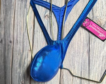 jovanadesign Bartol 5D Thong Gathered Back Push Out Pouch, Royal Blue Shine Metallic Mens Bulge Profiled Swimwear Underwear Handmade in UK
