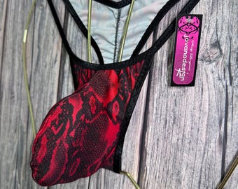 jovanadesign George Gathered Mens Thong Moderate Fit Tanga Suit Animal Print Snake Deep Red Black Trim Handmade in UK