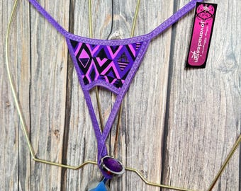 jovanadesign Open Front Mens Plug Back String Purple Black Diamonds Extreme Ouvert Suit Swimwear Underwear Handmade in UK