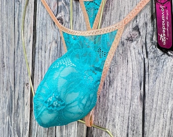 jovanadesign George Mens Moderate Fit Bulge String Stretchy Seafoam Lace Sheer Peach Trim Handmade in UK