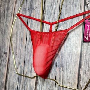 May include: A sheer red thong-style underwear with a delicate design. The garment is suspended on a gold-colored metal hanger against a wooden background. The tag reads "jovanadesign".