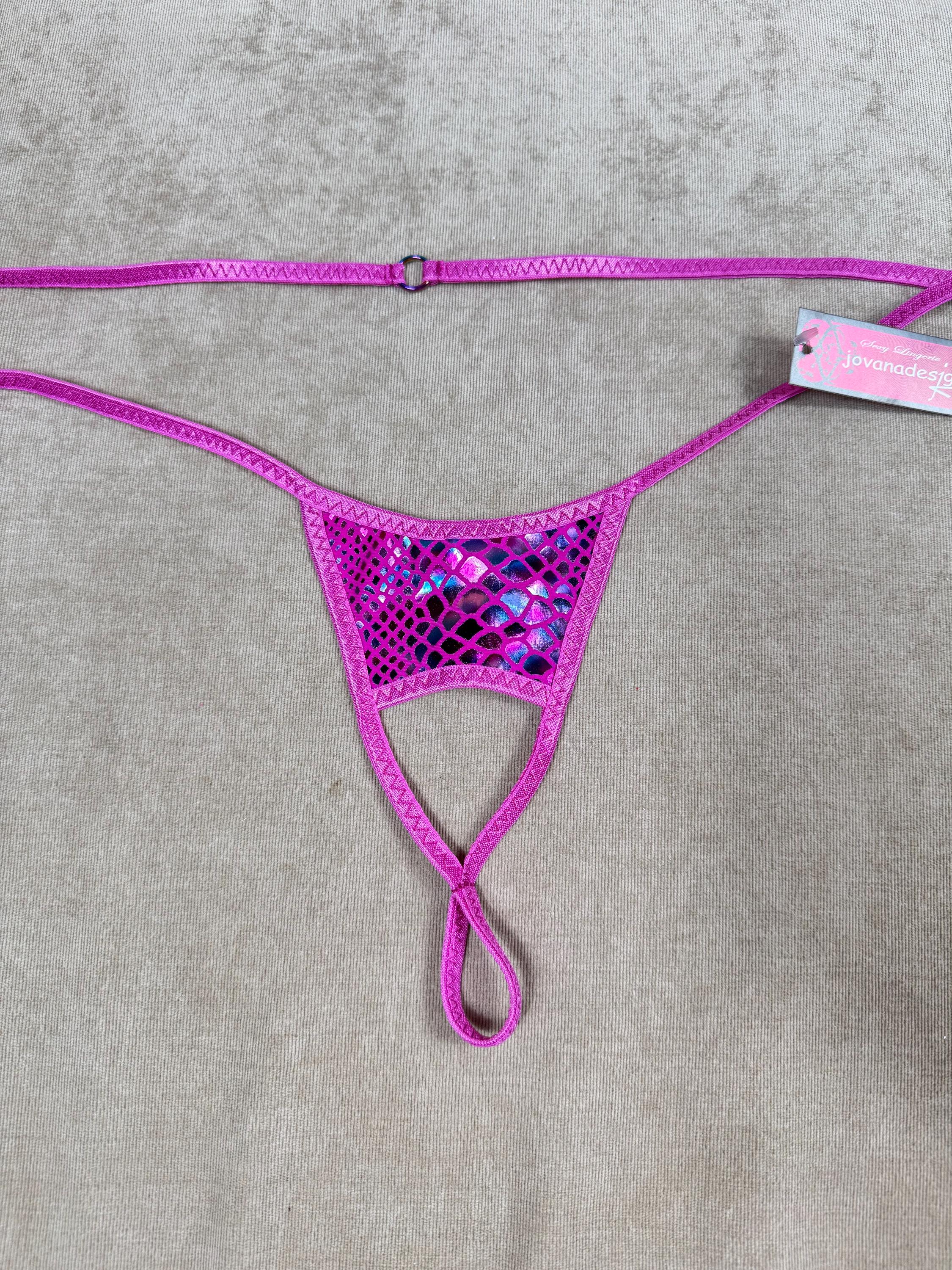 Jovanadesign Men’s Open Front Plug Back String Magenta Hologram Snake ...