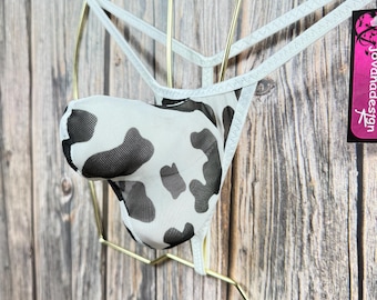 jovanadesign Rocket String Bulge Contoured Men Suit White Black Cow Print, Animal See Through Mesh - Swimwear Underwear Handmade in UK