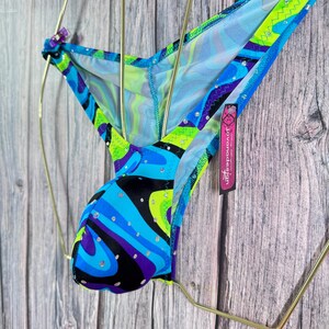 jovanadesign Mini Gathered Rio Bikini Mens Swirl Turquoise Multi Silver Dots Swimwear Handmade in UK