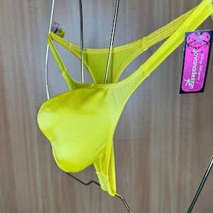 jovanadesign ALFRED Contoured Thong, Mini Mens Tanga Beachwear - Yellow Wet Look - Underwear Swimwear Handmade in UK