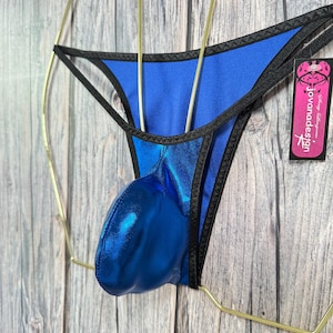 jovanadesign Low Narrow Mens Bikini Low Rise Royal Blue Metallic Black Trim Swimwear Underwear Handmade in UK