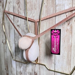 May include: A rose gold metallic thong with a pouch front, displayed on a white mannequin form. A black and pink rectangular tag is attached to the side, featuring the text "Sexy Lingerie jovanadesign" in white and black lettering.