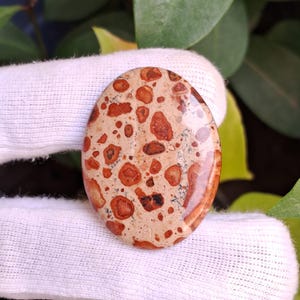 May include: Oval-shaped gemstone with a speckled pattern. The stone features a beige base color with numerous reddish-brown spots and inclusions. The polished surface reflects light, highlighting the natural variations in the stone's texture and color.