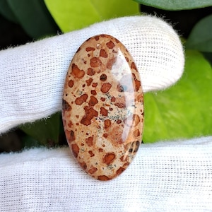May include: An oval-shaped gemstone with a speckled pattern of reddish-brown spots on a beige background. The polished surface of the stone has a glossy finish. The gemstone is likely used for jewelry or decorative purposes.