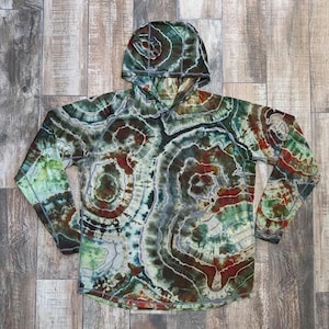 UPF 50 Sun Hoodie, Tie Dye Bamboo Hiking Pullover, Sun Protection Shirt with Thumb Holes, Handmade Festival Top