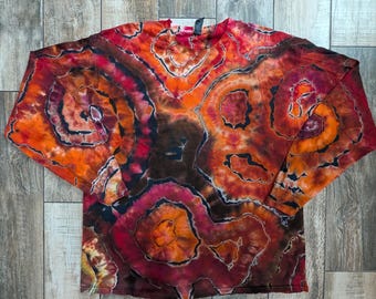 Agate Geode Reverse Tie Dye Long Sleeve Shirt – Red, Orange, Brown (XL Size)