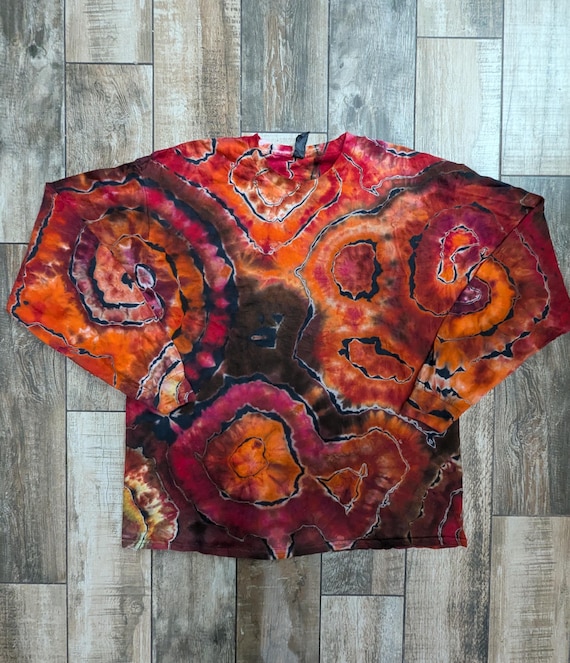 Agate Geode Reverse Tie Dye Long Sleeve Shirt – Red, Orange, Brown (XL Size)
