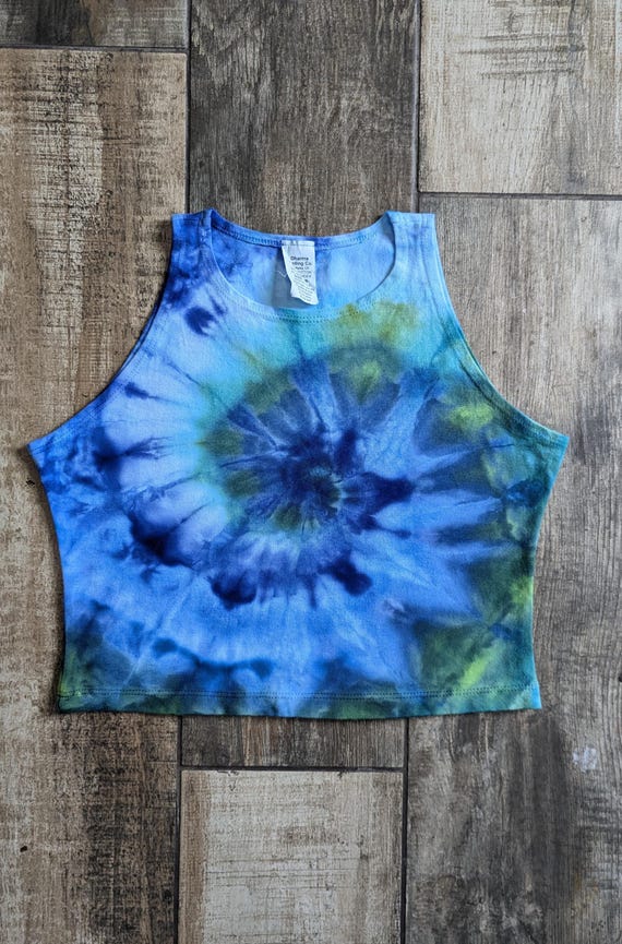 Tie Dye Spiral Crop Top: Blue Green Fitted Tank, Medium