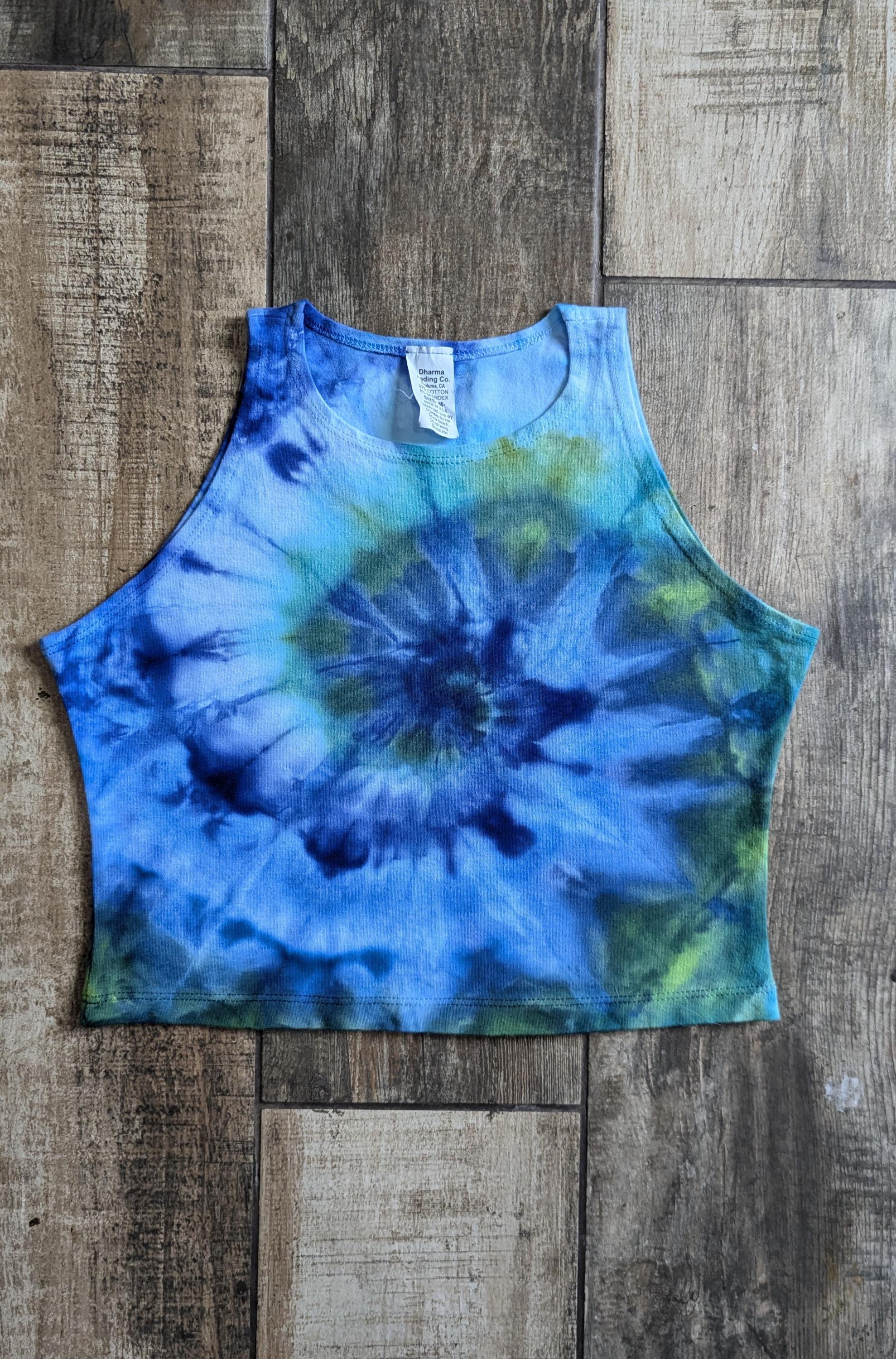 Tie Dye Spiral Crop Top: Blue Green Fitted Tank, Medium