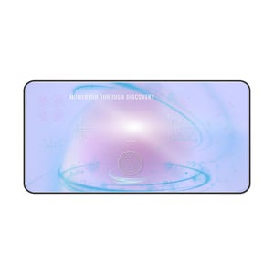 May include: Rectangular mousepad with a light purple and blue gradient background. The design includes swirling blue lines, geometric shapes, and the text "MOMENTUM THROUGH DISCOVERY". A central white light source adds brightness to the design.
