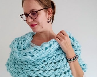 Knit Infinity shawl, knitted light turquoise Infinity scarf, woman scarf, woman shawl, chunky scarf,gift for her, cosy scarf