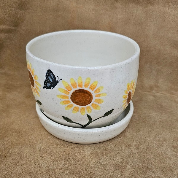 Planter Pottery Handmade Sunflower Stoneware Planter White Butterfly Unique Pot Hand Painted Yellow Sunflower Dragonfly House Plant Planter