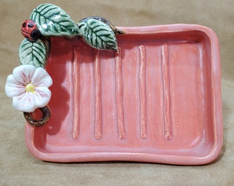 Orange Pink Soap Dish With Vine, Leaves, Flower and Ladybug