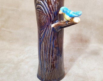 Tree Stump Vase With Blue Bird on Branch