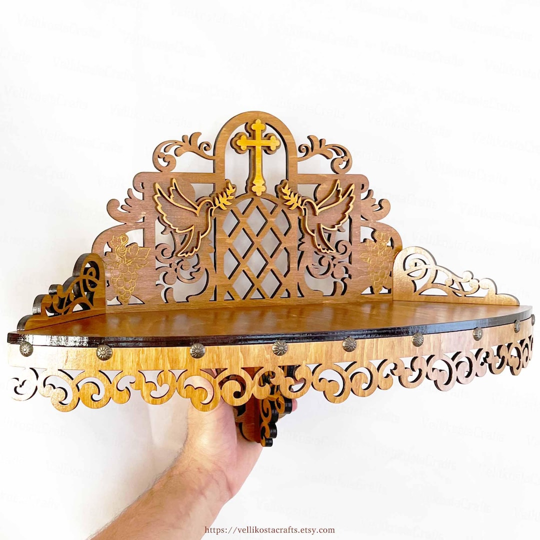 Wooden Floating Altar Shelf: Gold Cross, Doves & Engraved Grapes - Etsy