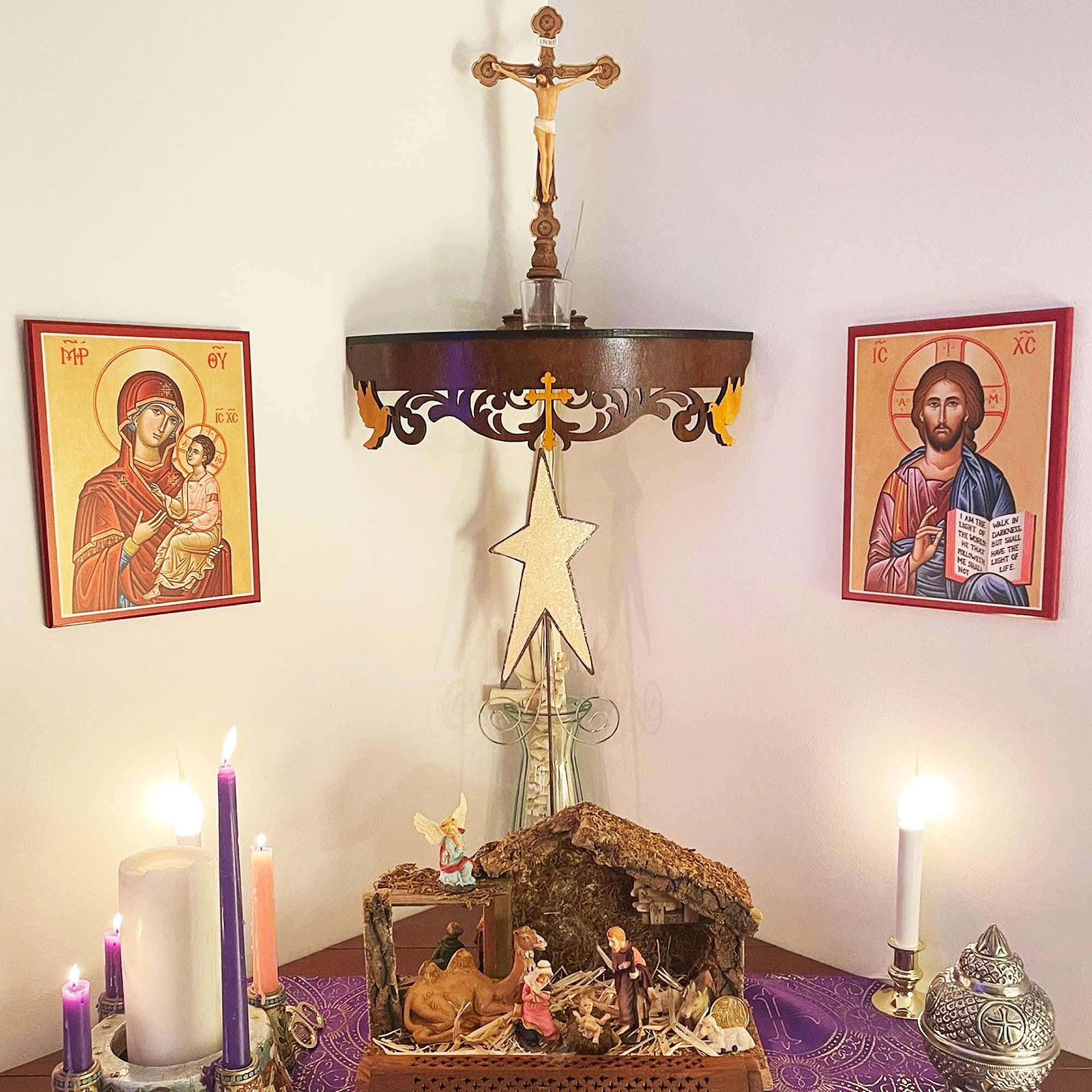Handmade Wooden Corner Altar Shelf: Christian Home Iconostasis