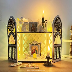 Rustic Wood Home Altar Shelf: 2-Tier Cathedral Glass Icon Stand