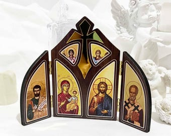 Handmade Wooden Triptych Icon: Jesus, Mary, Saints - Byzantine Shrine