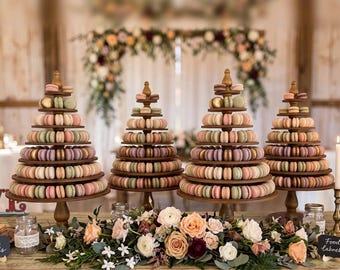 Wooden Macaron Tower: Rustic Tiered Dessert Stand for Wedding Treats Display