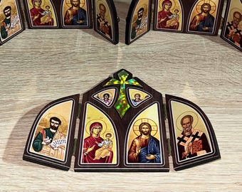 Handmade Wooden Triptych Icon: Jesus, Virgin Mary, Saints