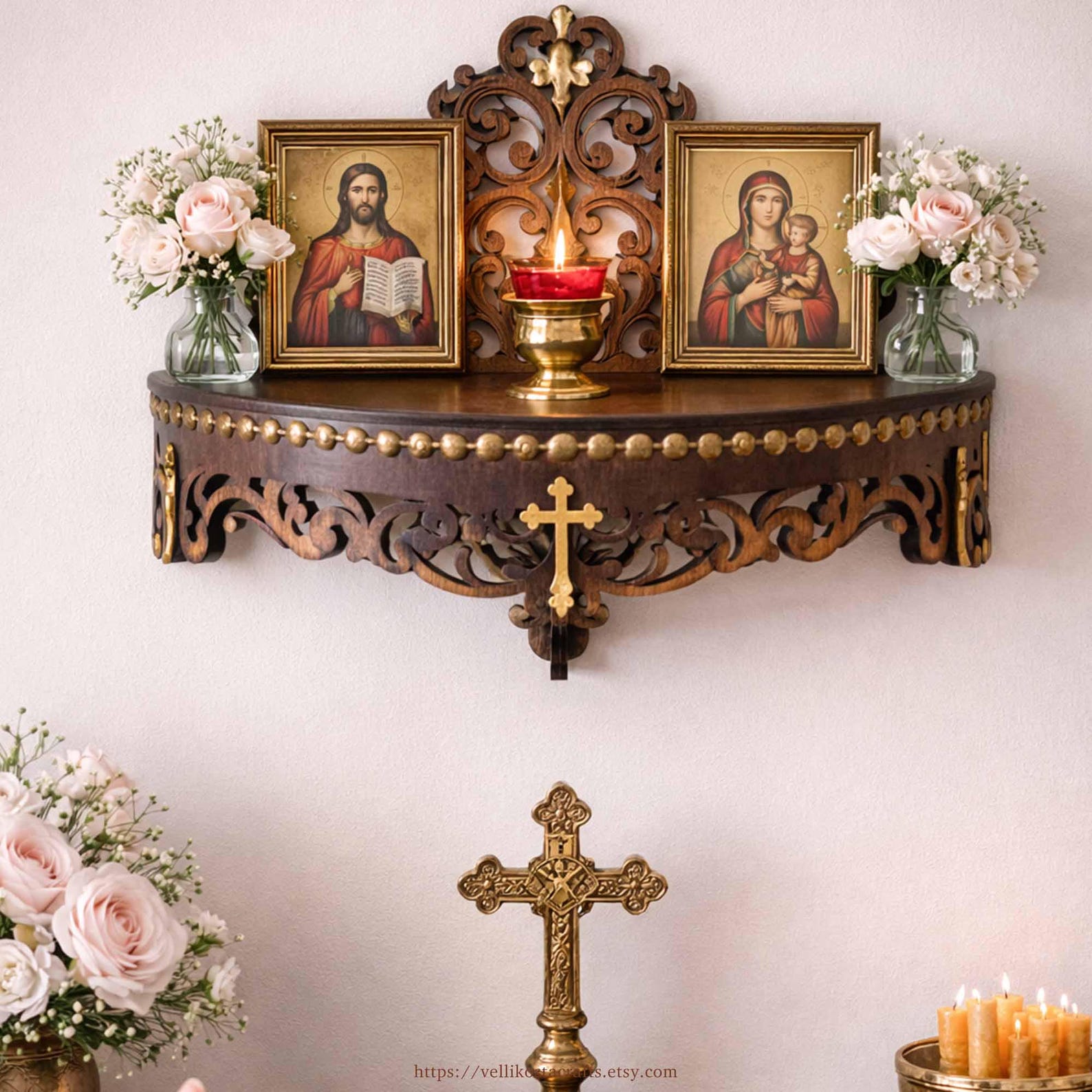 Wooden Flat Shelf: Christian Orthodox Altar Icon Saint Statue Display - 6 x 12 inches, Cross B